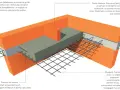 Schemat przekroju stropu monolitycznego z widocznym zbrojeniem, betonem i elementami konstrukcyjnymi.