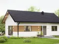 Nowoczesny dom do 70m2 z drewnianymi akcentami i dużymi oknami, otoczony zielenią. Idealny dla małej rodziny.