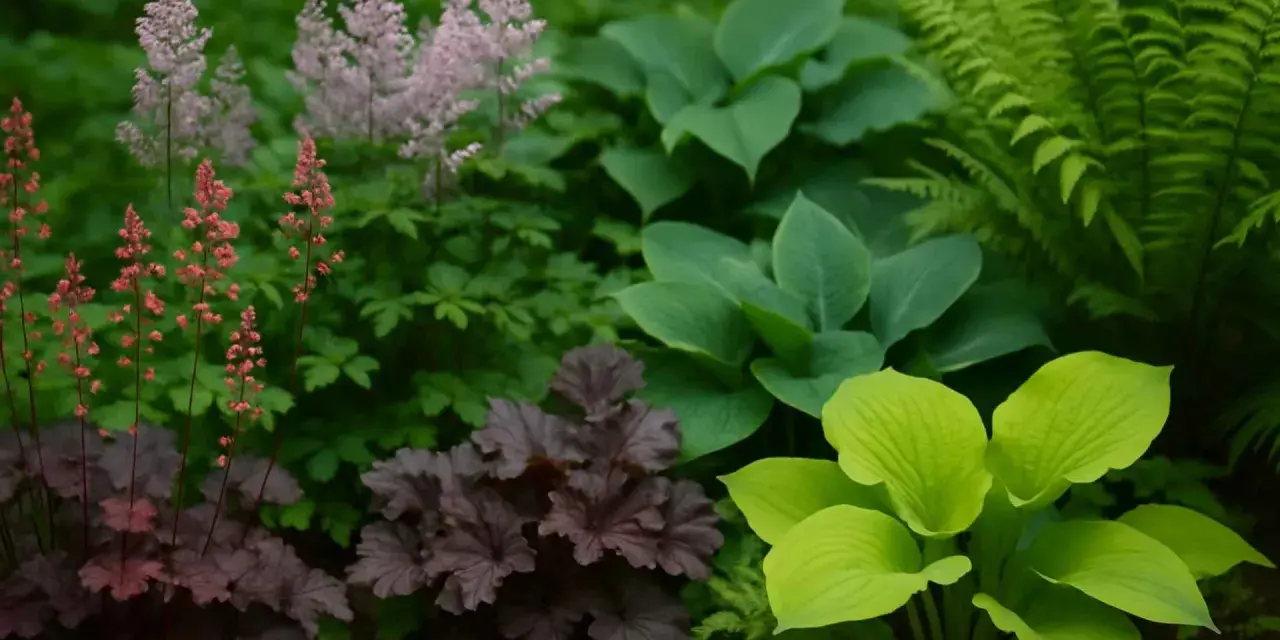 Piękne krzewy do cienia: purpurowe heuchery, różowe i czerwone astilbe oraz zielone hosty i paprocie tworzą bujną kompozycję.