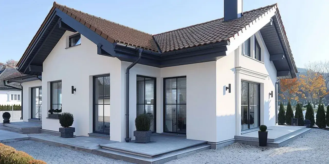 Nowoczesny projekt elewacji białego domu z ciemnym dachem i oknami. Elegancka przestrzeń wokół z kostki brukowej i zieleni.