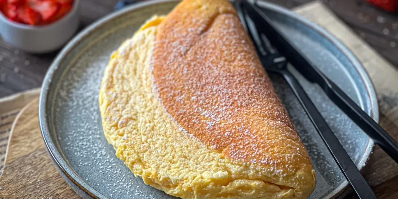 Puszysty omlet, lekko przyprószony cukrem pudrem, czeka na talerzu obok czarnych sztućców. W tle widać miseczkę z truskawkami.