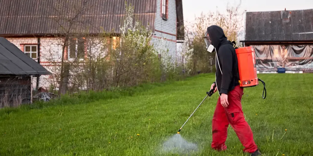 Mężczyzna w masce i czerwonych spodniach opryskuje trawnik, dbając o to, kiedy opryskiwać chwasty na trawniku, by uzyskać najlepsze efekty.