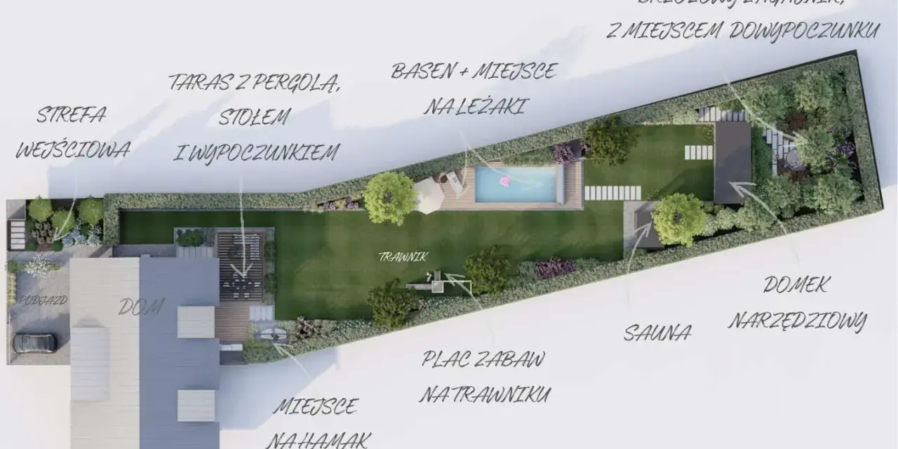 Działka ROD z basenem, tarasem, sauną i placem zabaw. Pomysły na zagospodarowanie ogrodu z miejscem do wypoczynku.