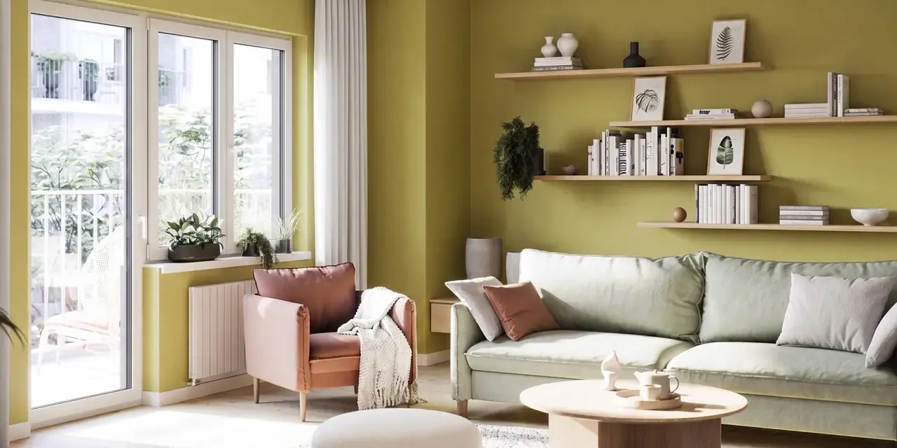 Jasnozielone kolory ścian tworzą przytulną atmosferę w salonie z wygodną kanapą i fotelem.