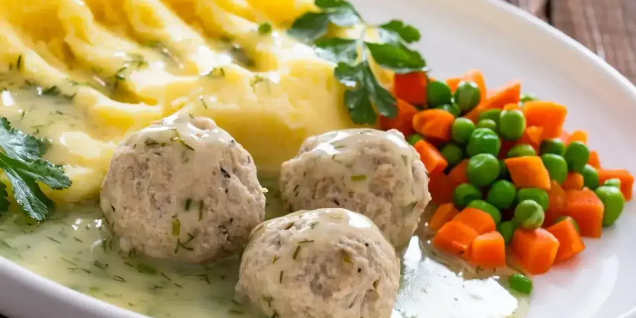 Pyszne klopsiki z mięsa z rosołu, podane z puree ziemniaczanym i warzywami. Świetny pomysł, co zrobić z mięsa z rosołu!