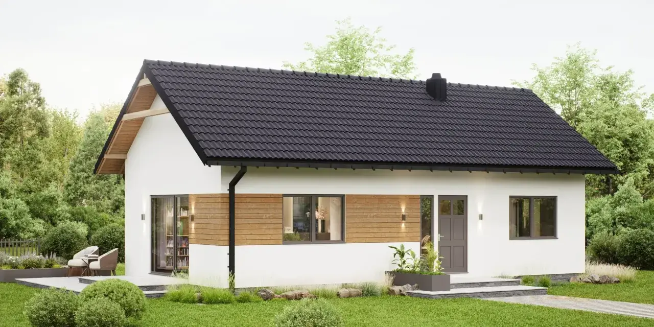 Nowoczesny dom do 70m2 z drewnianymi akcentami i dużymi oknami, otoczony zielenią. Idealny dla małej rodziny.