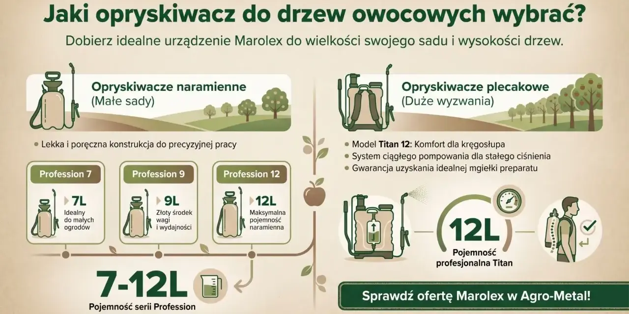 Porównanie opryskiwaczy naramiennych i plecakowych Marolex do opryskiwania drzew owocowych. Wybierz idealny model do swojego sadu.
