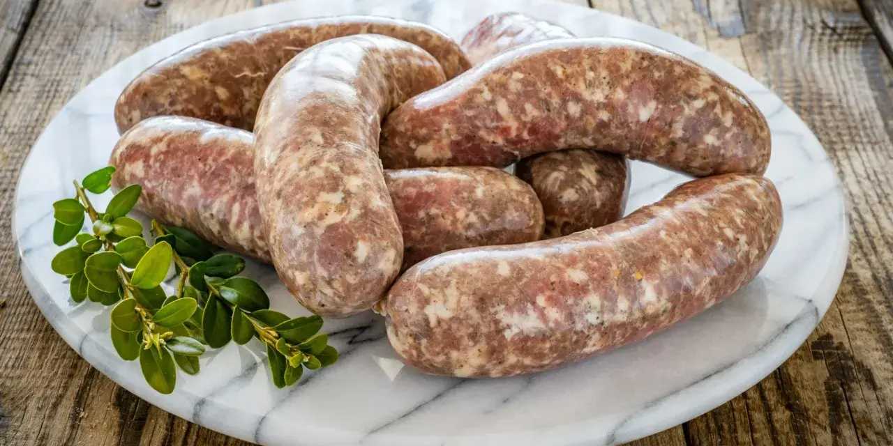 Kilka surowych kiełbasek białych parzonych ułożonych na marmurowej desce, ozdobione gałązką zielonych liści.