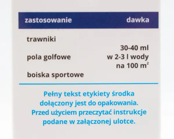 Instrukcja stosowania środka do pielęgnacji trawników, pól golfowych i boisk sportowych. Dawka: 30-40 ml na 100 m².