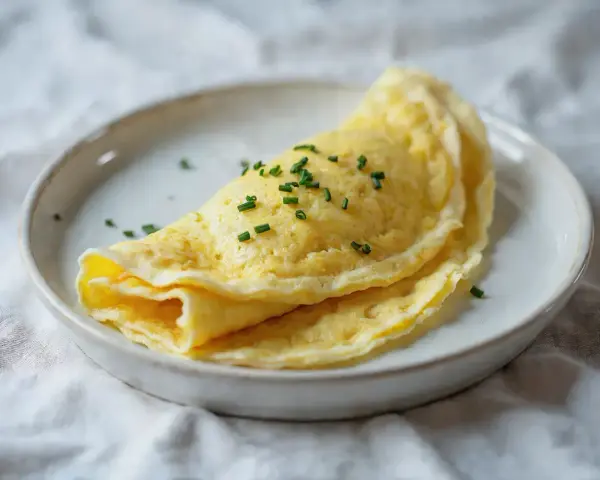 Złocisty, delikatny omlet francuski, posypany szczypiorkiem. Idealny przykład, jak zrobić francuski omlet.