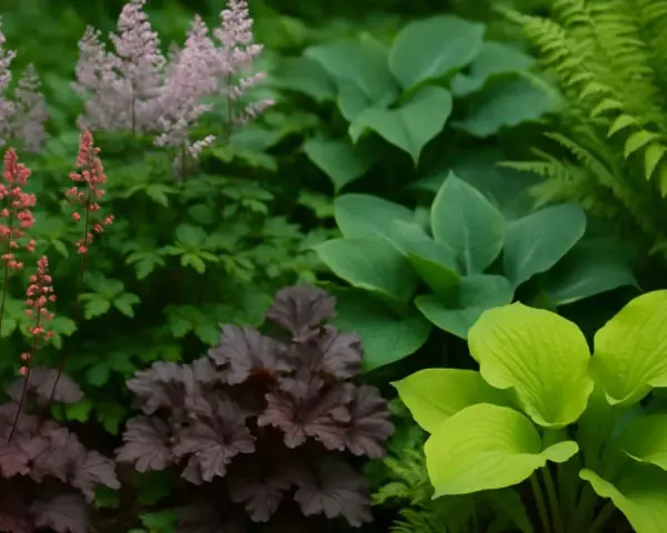 Piękne krzewy do cienia: purpurowe heuchery, różowe i czerwone astilbe oraz zielone hosty i paprocie tworzą bujną kompozycję.