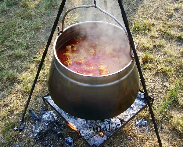 Pyszny kociołek z mięsem i kapustą gotuje się na ognisku. Idealny przepis na jesienne wieczory.