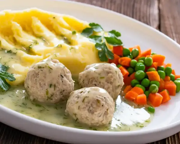 Pyszne klopsiki z mięsa z rosołu, podane z puree ziemniaczanym i warzywami. Świetny pomysł, co zrobić z mięsa z rosołu!