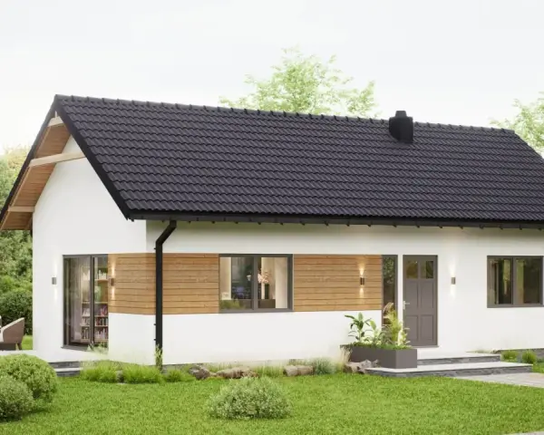 Nowoczesny dom do 70m2 z drewnianymi akcentami i dużymi oknami, otoczony zielenią. Idealny dla małej rodziny.
