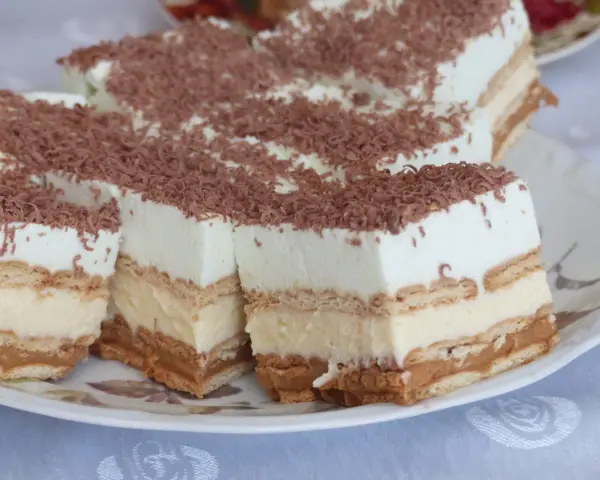 Szybkie ciasto bez pieczenia z budyniem i herbatnikami, posypane wiórkami czekolady. Idealne na deser!