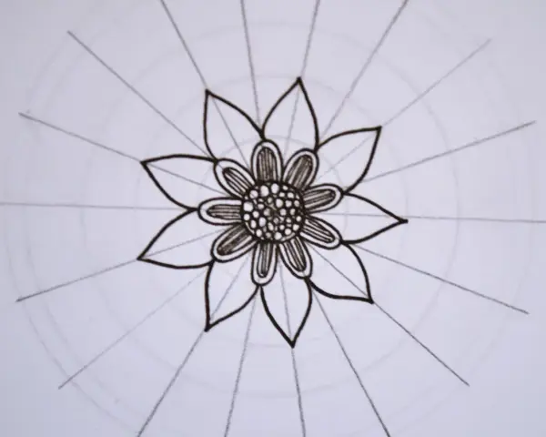 Kwiatowa mandala, rysowana czarnym tuszem, z delikatnymi okręgami i promieniami.