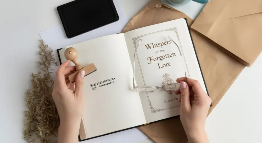 Ręce trzymają stempel z napisem "Biblioteczka Aleksandry" i książkę "Whispers of the Forgotten Lore". To idealny zestaw do tworzenia własnego exlibrisu.