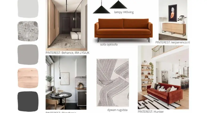 Inspirujący moodboard wnętrzarski: paleta kolorów, nowoczesna sofa, lampy, dywan i aranżacje.