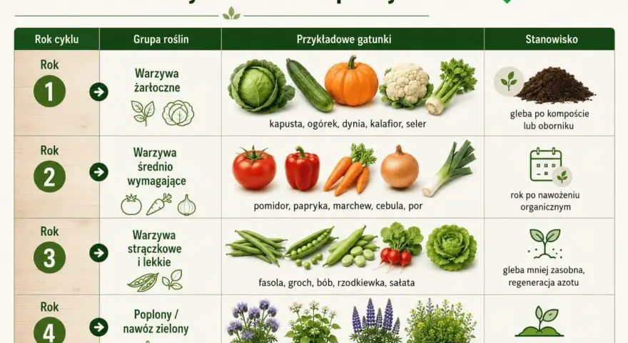 Płodozmian warzyw: rok 1 - warzywa żarłoczne (kapusta, dynia), rok 2 - średnio wymagające (pomidor, marchew), rok 3 - strączkowe (fasola, groch), rok 4 - poplony.