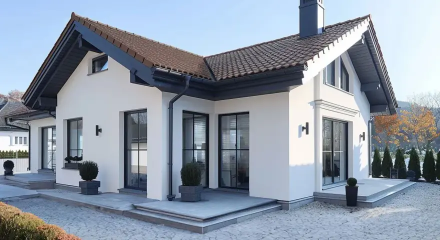 Nowoczesny projekt elewacji białego domu z ciemnym dachem i oknami. Elegancka przestrzeń wokół z kostki brukowej i zieleni.