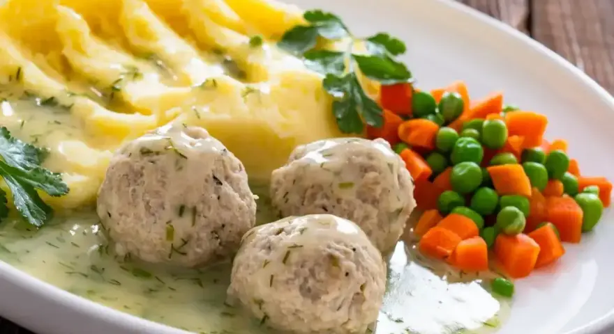 Pyszne klopsiki z mięsa z rosołu, podane z puree ziemniaczanym i warzywami. Świetny pomysł, co zrobić z mięsa z rosołu!