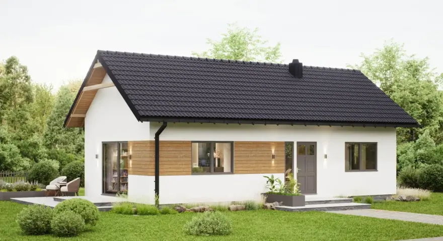 Nowoczesny dom do 70m2 z drewnianymi akcentami i dużymi oknami, otoczony zielenią. Idealny dla małej rodziny.