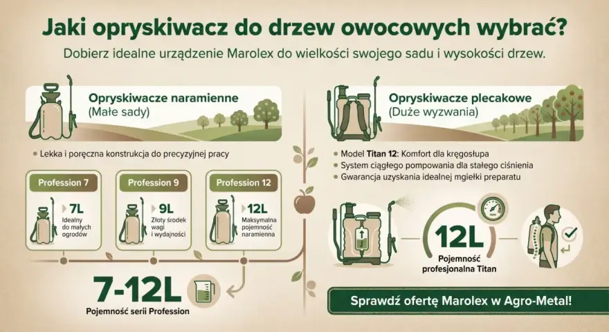 Porównanie opryskiwaczy naramiennych i plecakowych Marolex do opryskiwania drzew owocowych. Wybierz idealny model do swojego sadu.