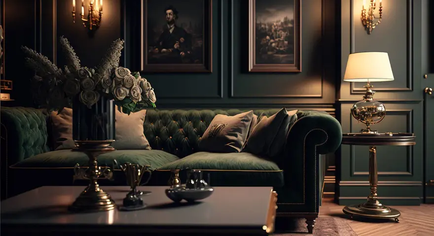 Elegancka, zielona sofa w stylu gotyckim, ozdobiona poduszkami, stoi w przytulnym salonie. Obok niej, złota lampa i obrazy na ścianie dodają wnętrzu charakteru.
