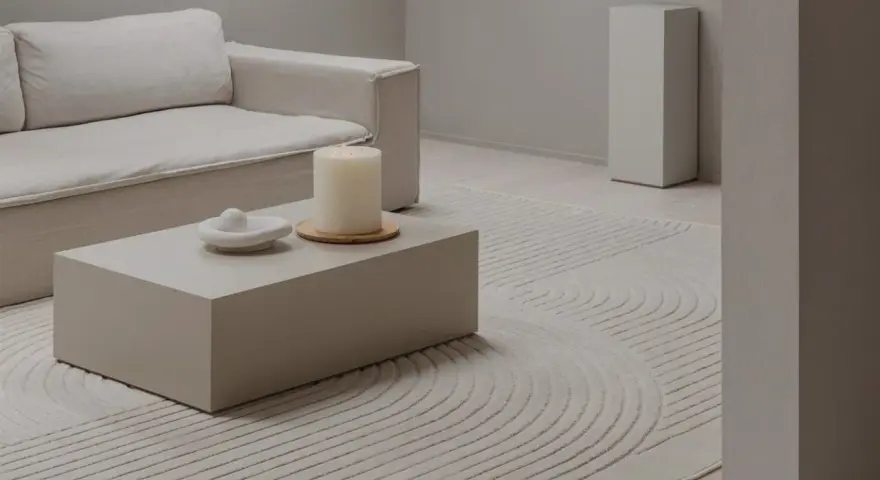 Salon w odcieniach ivory: sofa, stolik kawowy, świeca i dywan z geometrycznym wzorem tworzą spokojną aranżację.