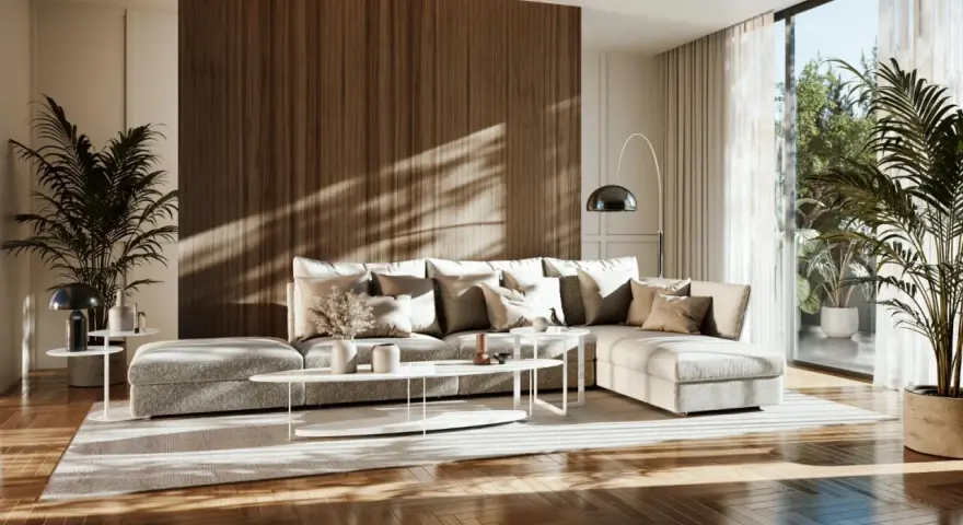 Przytulny salon w stylu japandi z dużą, wygodną kanapą, drewnianą ścianą i roślinami.