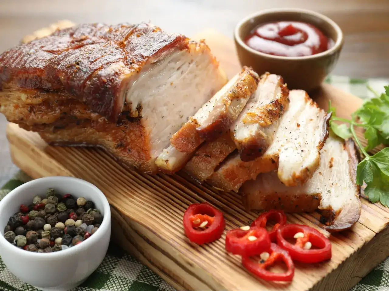 Soczysty boczek pieczony w piekarniku, pokrojony w plastry, z dodatkiem pieprzu, chili i ketchupu. Idealny przepis na to, jak upiec boczek surowy w piekarniku.