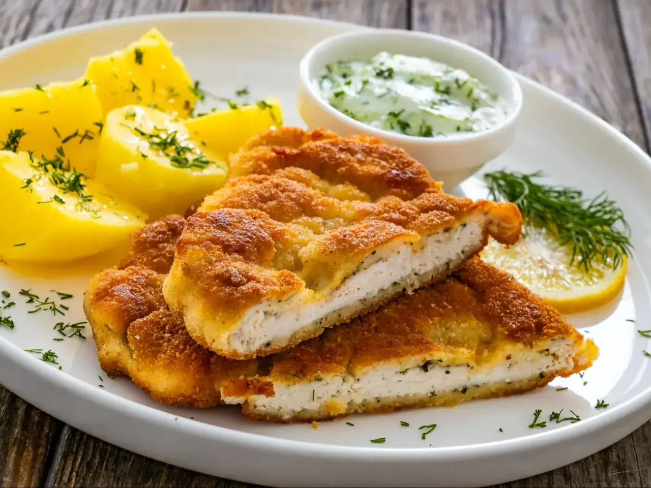 Złocisty kotlet po parysku, podany z ziemniakami i kremowym sosem. Pyszny obiad gotowy!