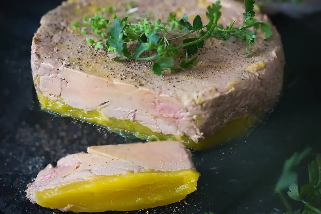 Delikatne foie gras co to? Kremowa masa z kawałkami różowego mięsa, podana z galaretką i ziołami.